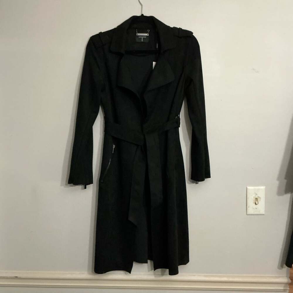 T Tahari Black Faux Leather Belted Trench Coat XS